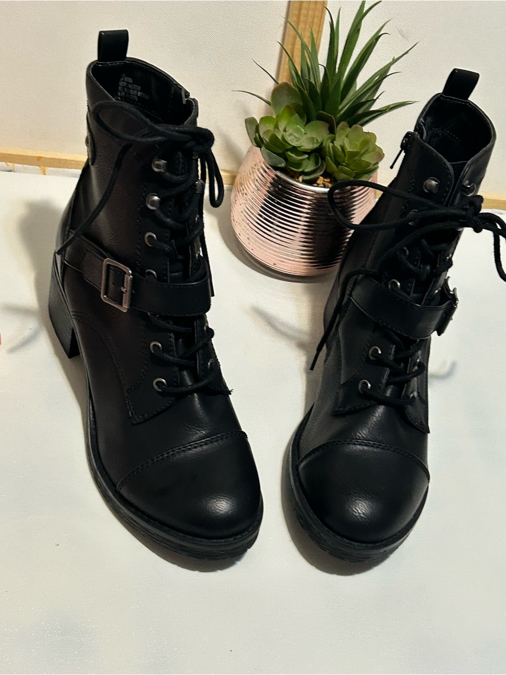 Women's Black Lace-Up Combat Boots with Buckle - Picture 3 of 9